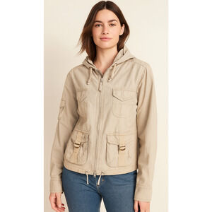 VTG Y2K Womens Gap Khaki Cargo Utility Cotton‎ Canvas Hooded Jacket Small Safari